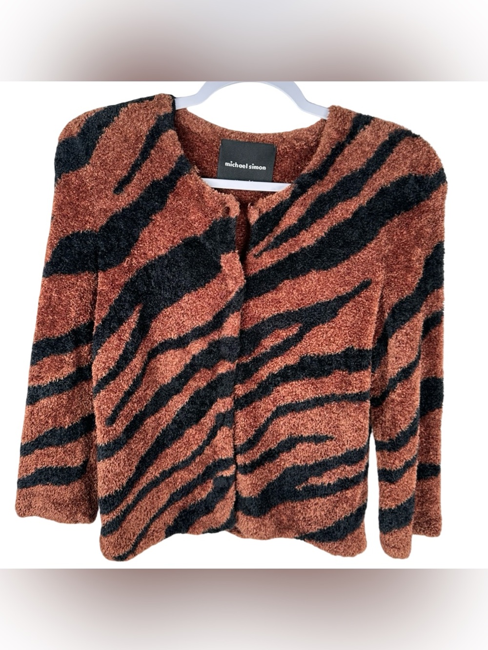 Michael Simon Brown Black Zebra Animal Striped Fuzzy Knit Cardigan Sweater Small